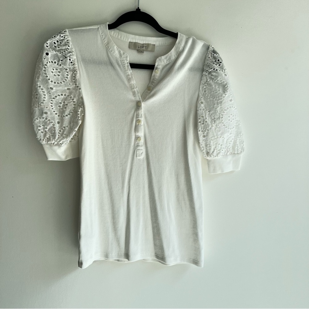 LOFT Ivory Eyelet Puff Sleeve Blouse
